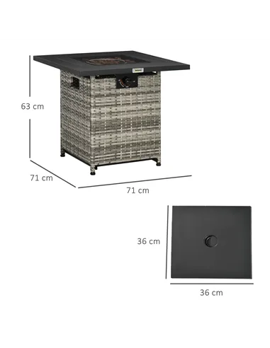 Outsunny Outdoor PE Rattan Gas Fire Pit Table, Patio Square Propane Heater with Rain Cover, Mesh Lid and Lava Stone, 40,000 BTU,