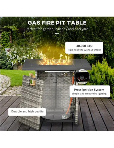 Outsunny Outdoor PE Rattan Gas Fire Pit Table, Patio Square Propane Heater with Rain Cover, Mesh Lid and Lava Stone, 40,000 BTU,