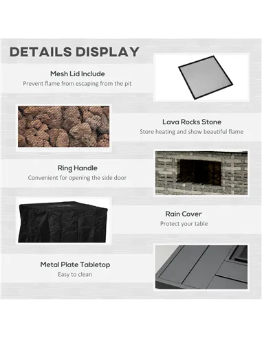 Outsunny Outdoor PE Rattan Gas Fire Pit Table, Patio Square Propane Heater with Rain Cover, Mesh Lid and Lava Stone, 40,000 BTU,