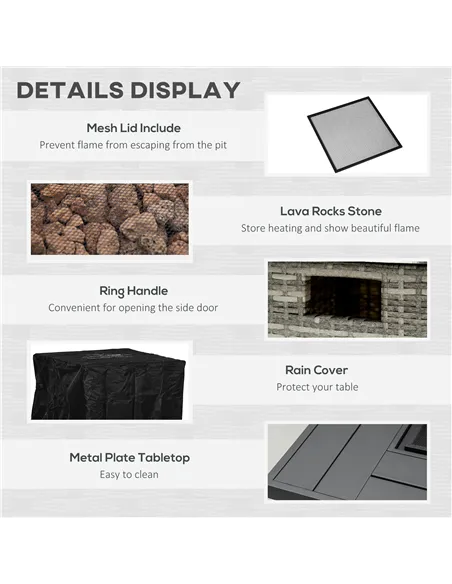 Outsunny Outdoor PE Rattan Gas Fire Pit Table, Patio Square Propane Heater with Rain Cover, Mesh Lid and Lava Stone, 40,000 BTU,