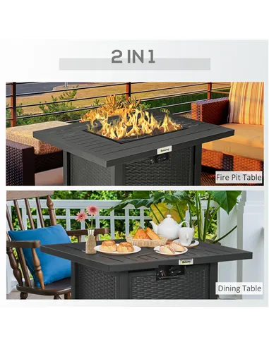 Outsunny Rattan-style Propane Gas Fire Pit Table with 40,000 BTU Burner, Square Smokeless Firepit Patio Heater with Thermocouple