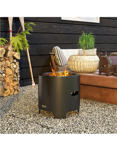 Outsunny Smokeless Fire Pit, 45cm Portable Wood Burning Firepit, Round Metal Bonfire Stove with Poker for Garden, Camping, Black