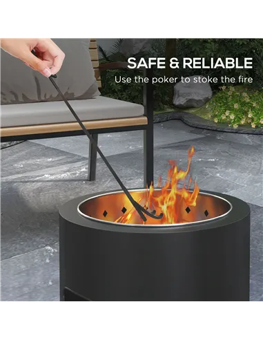 Outsunny Smokeless Fire Pit, 45cm Portable Wood Burning Firepit, Round Metal Bonfire Stove with Poker for Garden, Camping, Black