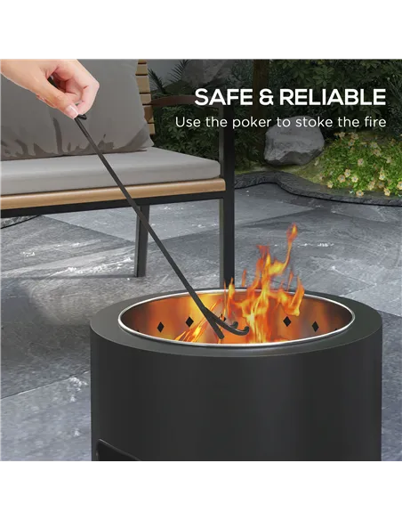 Outsunny Smokeless Fire Pit, 45cm Portable Wood Burning Firepit, Round Metal Bonfire Stove with Poker for Garden, Camping, Black