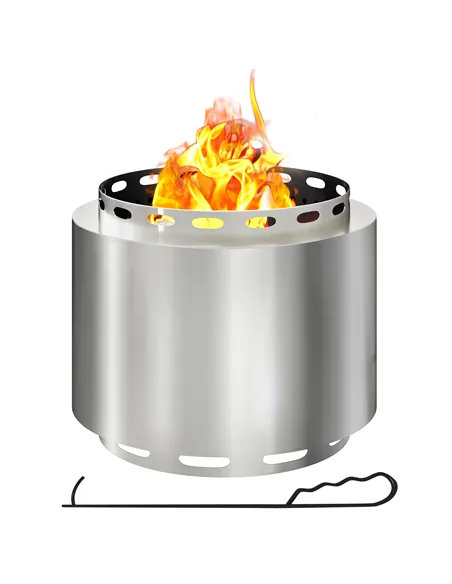 Outsunny Smokeless Fire Pit, 48.5cm Portable Wood Burning Firepit with Poker for Garden Camping Bonfire Party, Stainless Steel, 