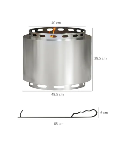 Outsunny Smokeless Fire Pit, 48.5cm Portable Wood Burning Firepit with Poker for Garden Camping Bonfire Party, Stainless Steel, 