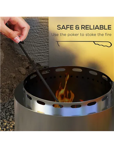 Outsunny Smokeless Fire Pit, 48.5cm Portable Wood Burning Firepit with Poker for Garden Camping Bonfire Party, Stainless Steel, 