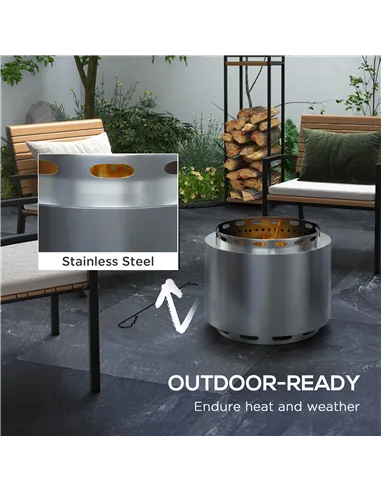 Outsunny Smokeless Fire Pit, 48.5cm Portable Wood Burning Firepit with Poker for Garden Camping Bonfire Party, Stainless Steel, 