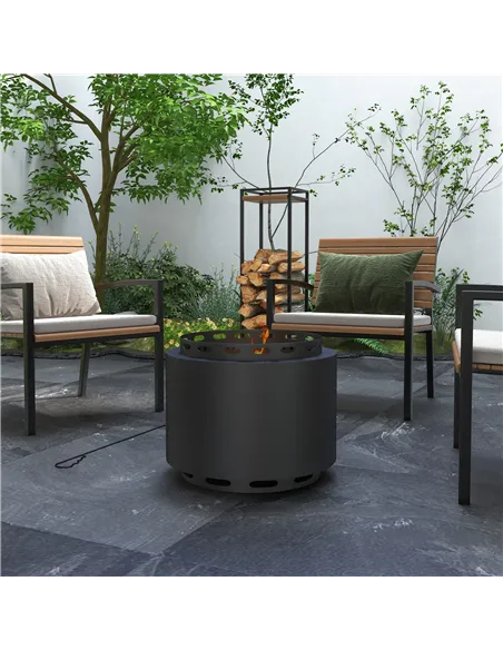 Outsunny Smokeless Fire Pit, 48.5cm Portable Wood Burning Firepit with Poker for Garden Camping Bonfire Party, Metal, Black