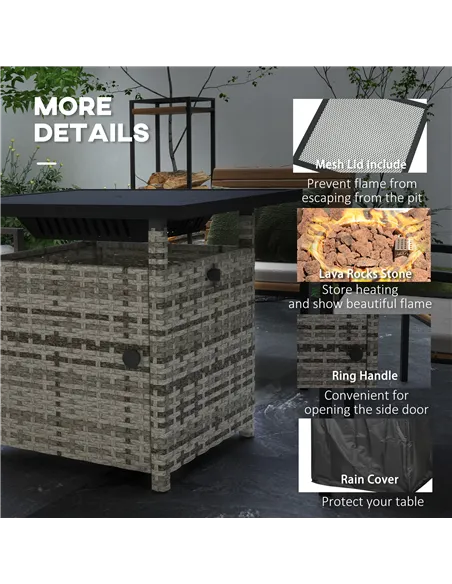 Outsunny 72.5 x 72.5cm 50,000 BTU Fire Pit Table, with Cover - Grey