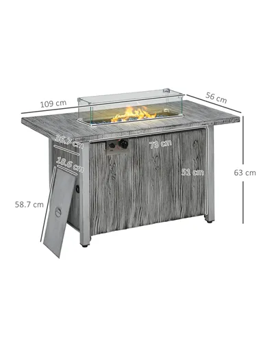 Outsunny 50,000 BTU Gas Fire Pit Table with Cover and Glass Screen - Grey