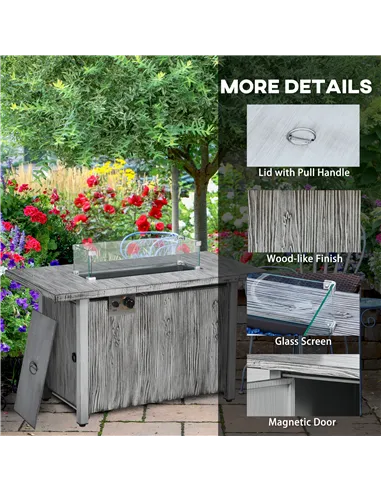 Outsunny 50,000 BTU Gas Fire Pit Table with Cover and Glass Screen - Grey