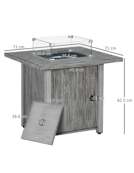 Outsunny 71cm 50,000 BTU Gas Fire Pit Table with Cover and Glass Screen - Grey