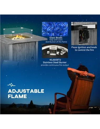 Outsunny 71cm 50,000 BTU Gas Fire Pit Table with Cover and Glass Screen - Grey