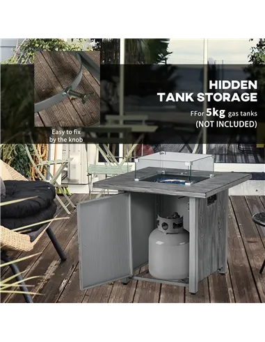 Outsunny 71cm 50,000 BTU Gas Fire Pit Table with Cover and Glass Screen - Grey