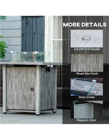 Outsunny 71cm 50,000 BTU Gas Fire Pit Table with Cover and Glass Screen - Grey