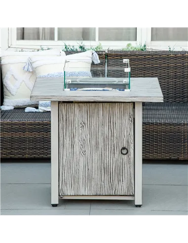 Outsunny 71cm 50,000 BTU Gas Fire Pit Table with Cover and Glass Screen - Grey