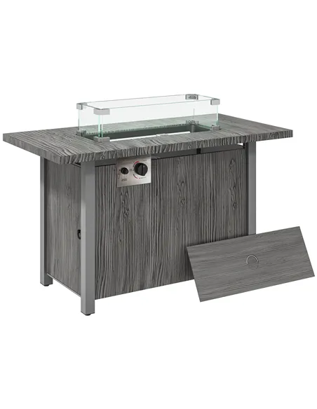 Outsunny 50,000 BTU Gas Fire Pit Table with Cover and Glass Screen - Dark Grey