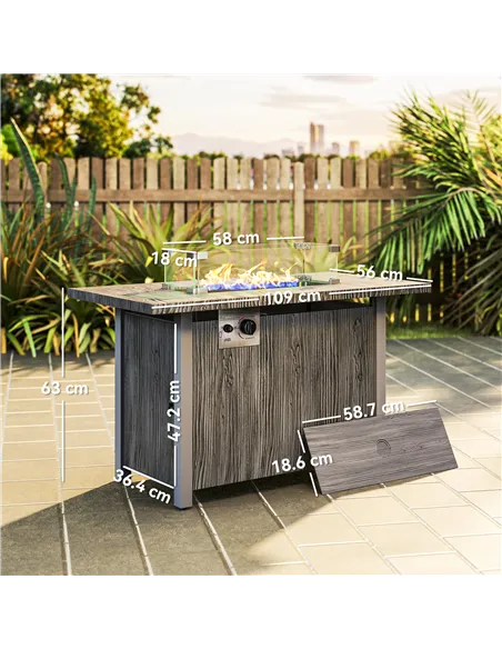 Outsunny 50,000 BTU Gas Fire Pit Table with Cover and Glass Screen - Dark Grey