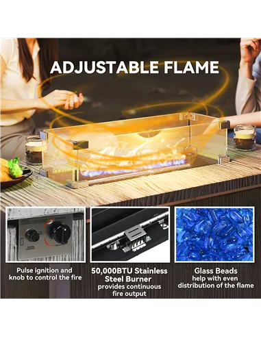 Outsunny 50,000 BTU Gas Fire Pit Table with Cover and Glass Screen - Dark Grey