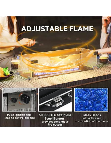 Outsunny 50,000 BTU Gas Fire Pit Table with Cover and Glass Screen - Dark Grey