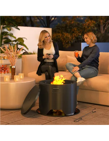 Outsunny Outdoor Round Fire Pit with Lid and Fire Poker - Black