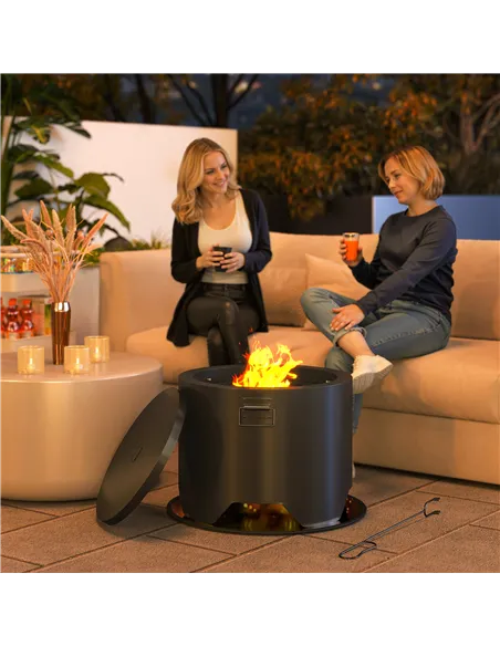 Outsunny Outdoor Round Fire Pit with Lid and Fire Poker - Black