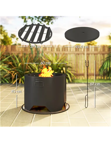 Outsunny Outdoor Round Fire Pit with Lid and Fire Poker - Black