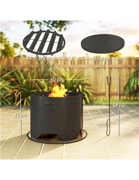 Outsunny Outdoor Round Fire Pit with Lid and Fire Poker - Black