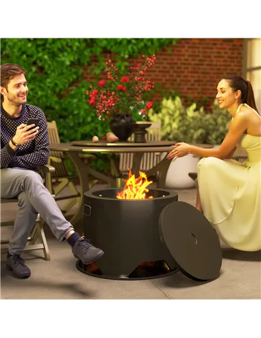 Outsunny Outdoor Round Fire Pit with Lid and Fire Poker - Black