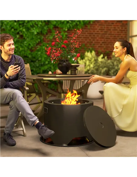 Outsunny Outdoor Round Fire Pit with Lid and Fire Poker - Black