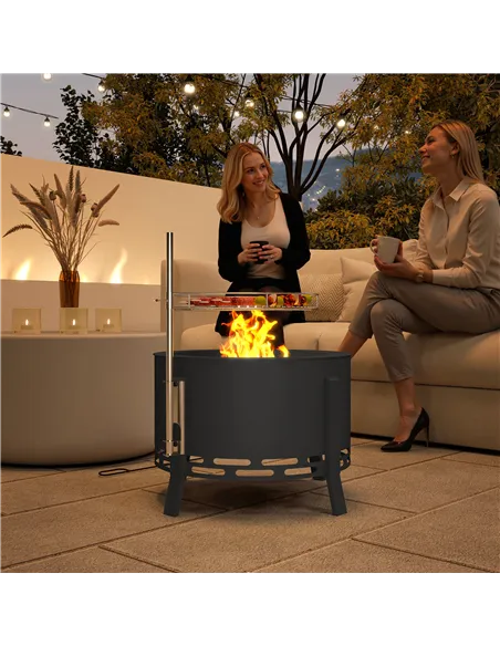 Outsunny Portable Fire Pit, 58 cm Round Firepit with Grill Grate, Fire Bowl with Ash Catcher and Poker, Fire Pit BBQ for Garden 