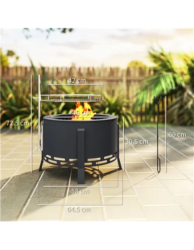 Outsunny Portable Fire Pit, 58 cm Round Firepit with Grill Grate, Fire Bowl with Ash Catcher and Poker, Fire Pit BBQ for Garden 
