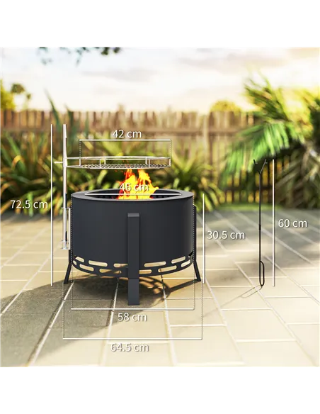Outsunny Portable Fire Pit, 58 cm Round Firepit with Grill Grate, Fire Bowl with Ash Catcher and Poker, Fire Pit BBQ for Garden 