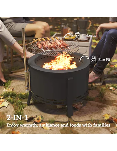 Outsunny Portable Fire Pit, 58 cm Round Firepit with Grill Grate, Fire Bowl with Ash Catcher and Poker, Fire Pit BBQ for Garden 