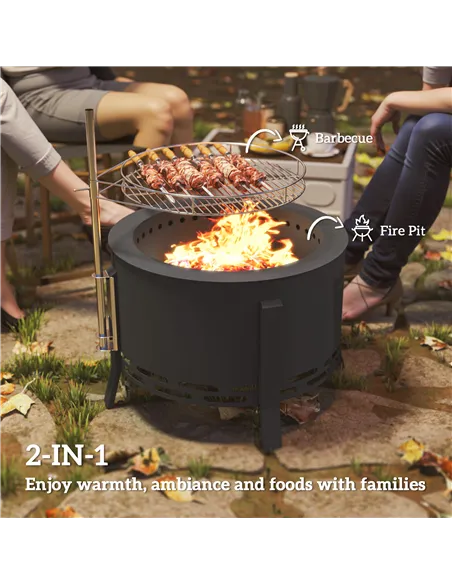 Outsunny Portable Fire Pit, 58 cm Round Firepit with Grill Grate, Fire Bowl with Ash Catcher and Poker, Fire Pit BBQ for Garden 