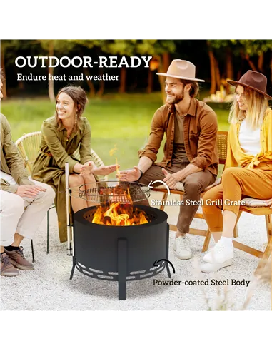 Outsunny Portable Fire Pit, 58 cm Round Firepit with Grill Grate, Fire Bowl with Ash Catcher and Poker, Fire Pit BBQ for Garden 