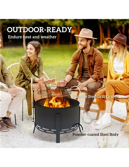 Outsunny Portable Fire Pit, 58 cm Round Firepit with Grill Grate, Fire Bowl with Ash Catcher and Poker, Fire Pit BBQ for Garden 