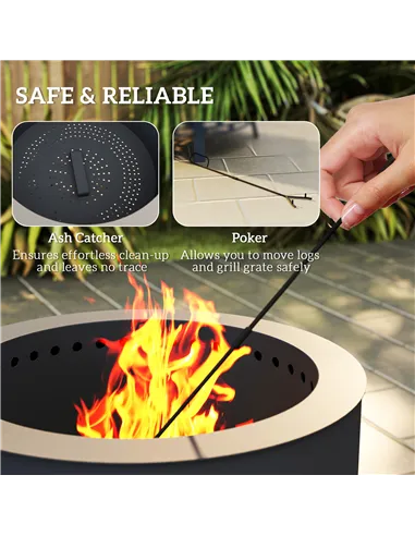 Outsunny Portable Fire Pit, 58 cm Round Firepit with Grill Grate, Fire Bowl with Ash Catcher and Poker, Fire Pit BBQ for Garden 