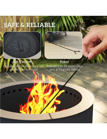Outsunny Portable Fire Pit, 58 cm Round Firepit with Grill Grate, Fire Bowl with Ash Catcher and Poker, Fire Pit BBQ for Garden 