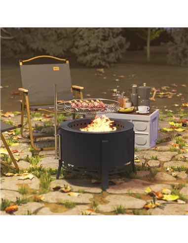 Outsunny Portable Fire Pit, 58 cm Round Firepit with Grill Grate, Fire Bowl with Ash Catcher and Poker, Fire Pit BBQ for Garden 