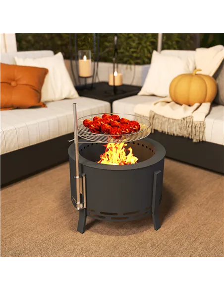 Outsunny Portable Fire Pit, 58 cm Round Firepit with Grill Grate, Fire Bowl with Ash Catcher and Poker, Fire Pit BBQ for Garden 