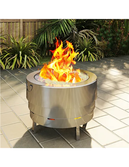 Outsunny Stainless Steel Wood-burning Fire Pit with Fire Poker - Silver