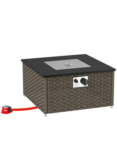 Outsunny Rattan Gas Fire Pit Table for Garden, 13 KW Smokeless Propane Fire Pit with Lid, Square Garden Coffee Table with Patio 