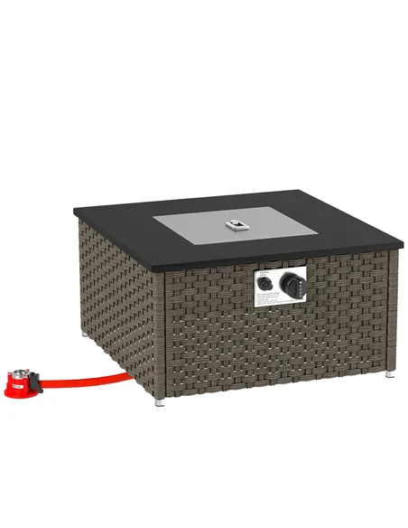 Outsunny Rattan Gas Fire Pit Table for Garden, 13 KW Smokeless Propane Fire Pit with Lid, Square Garden Coffee Table with Patio 