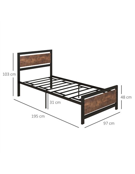 HOMCOM Single Size Metal Bed Frame with Headboard & Footboard, Strong Slat Support Solid Bedstead Base w/ Underbed Storage Space