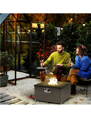 Outsunny Rattan Gas Fire Pit Table for Garden, 13 KW Smokeless Propane Fire Pit with Lid, Square Garden Coffee Table with Patio 