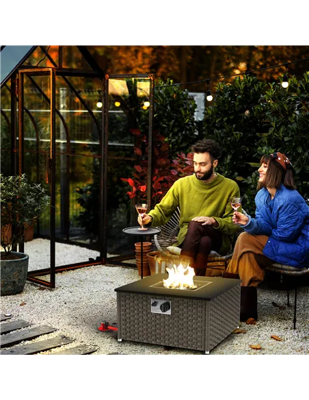 Outsunny Rattan Gas Fire Pit Table for Garden, 13 KW Smokeless Propane Fire Pit with Lid, Square Garden Coffee Table with Patio 