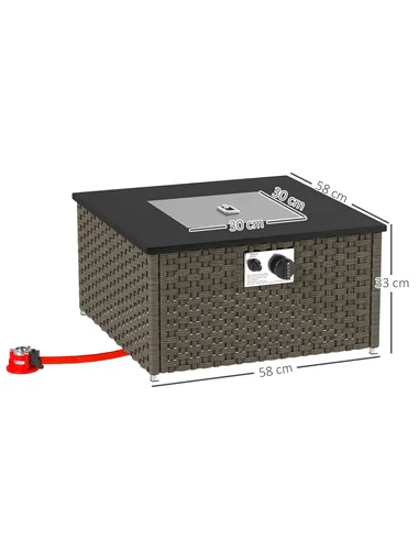 Outsunny Rattan Gas Fire Pit Table for Garden, 13 KW Smokeless Propane Fire Pit with Lid, Square Garden Coffee Table with Patio 