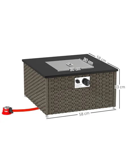 Outsunny Rattan Gas Fire Pit Table for Garden, 13 KW Smokeless Propane Fire Pit with Lid, Square Garden Coffee Table with Patio 